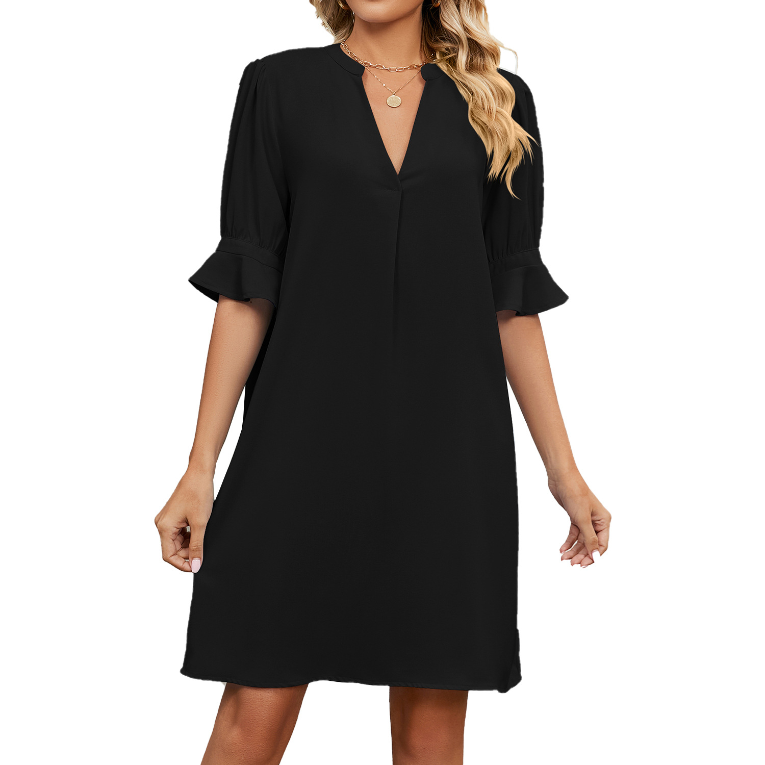 Amazon 2023 European and American Cross-border Foreign Trade Summer New Solid Color V-neck Loose Pleated Half Sleeve Dress for Women