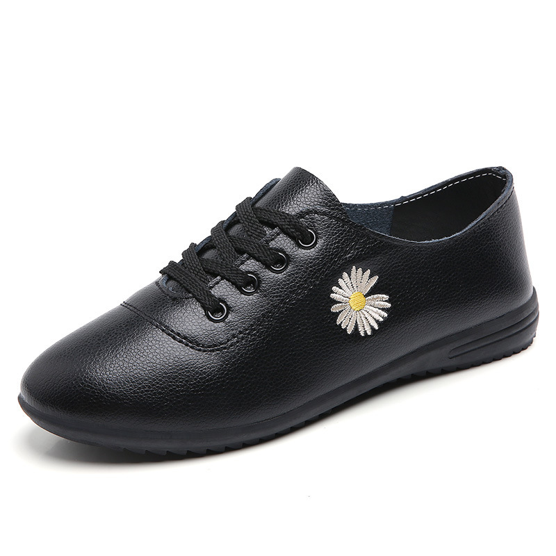 Spring and Autumn White Shoes Women's Flat Bean Shoes Soft Bottom Lace-up Shoes Casual Shoes Leather Shoes for the Elderly Comfortable Mother Shoes