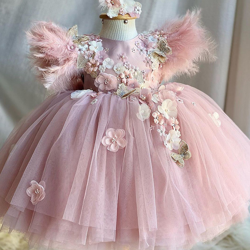 聖誕節兒童禮服lolita花朵花童婚禮蓬蓬紗裙羽毛洛麗塔女童公主裙