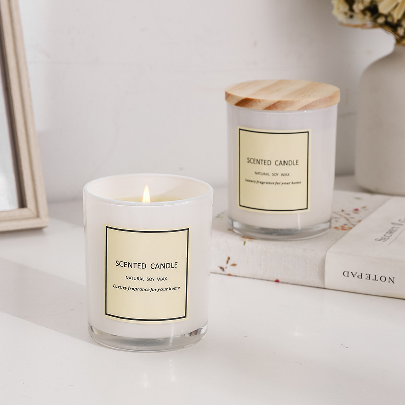 Factory-direct supply neutral no-LOGO white glass cups with wooden lids, aroma candles, color ribbon gift box, soy wax
