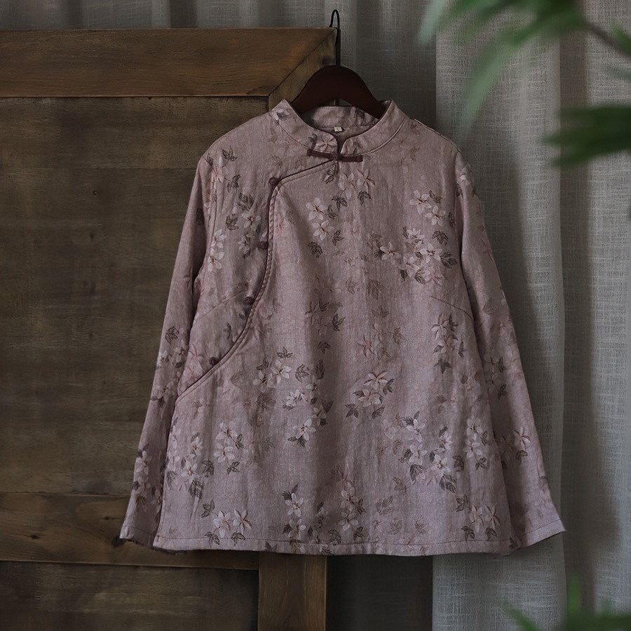 S5929 Neues, schräges Knopfleisten-Leinen-Digitaldruck-Kontrast-Zen-personalisiertes Samtoberteil im chinesischen Stil_voghion.com