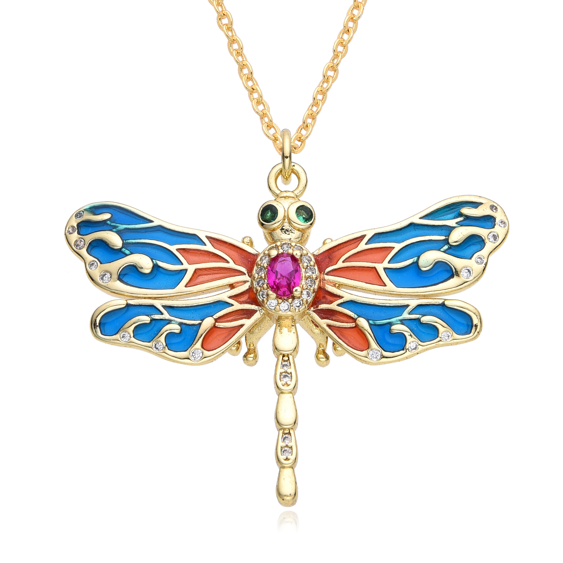 New women's fashion jewelry copper micro-inlaid color zircon pendant Dragonfly luxury design necklace temperament clavicle chain