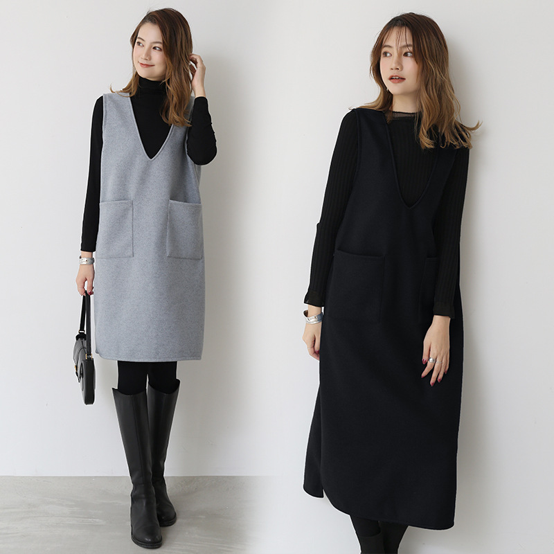 Winter Thin Japanese-style Korean-style Pullover Deep V-neck Elegant Commuting Loose Waist Mid-length Dress Solid Color Outer
