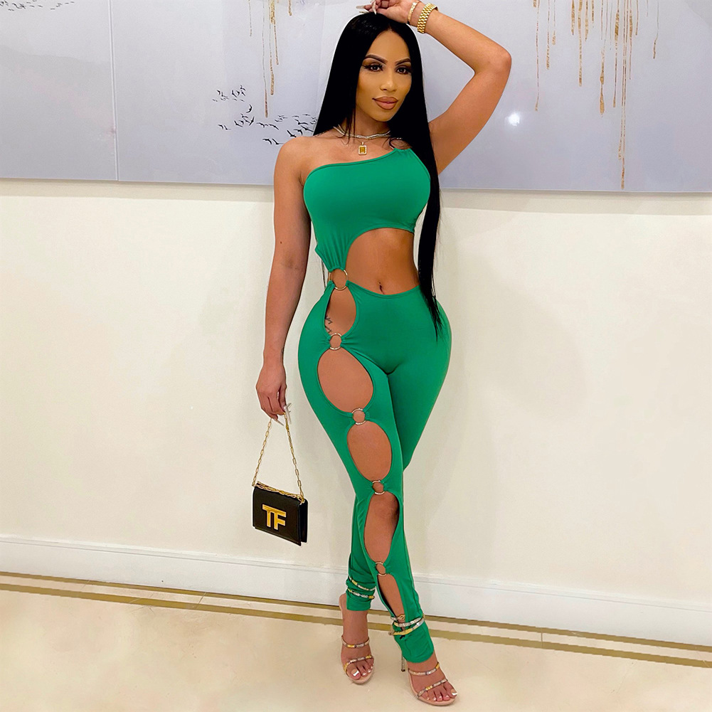 D88120 European and American Women's Clothing Amazon Independent Station Spring and Autumn Off-shoulder Sexy Tight Casual Jumpsuit