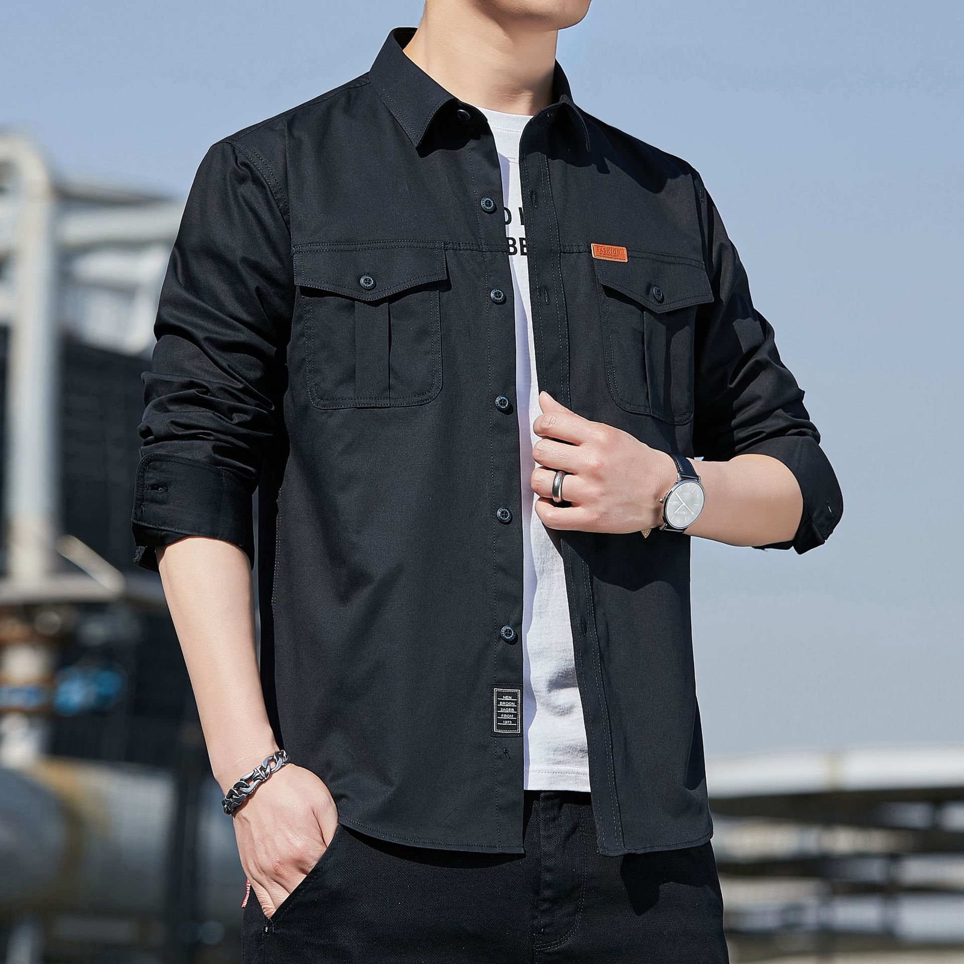 2023 Cotton Washed Men's Casual Double Bag Shirt Long Sleeve Spring and Autumn Youth Casual Square Collar Shirt Work Wear