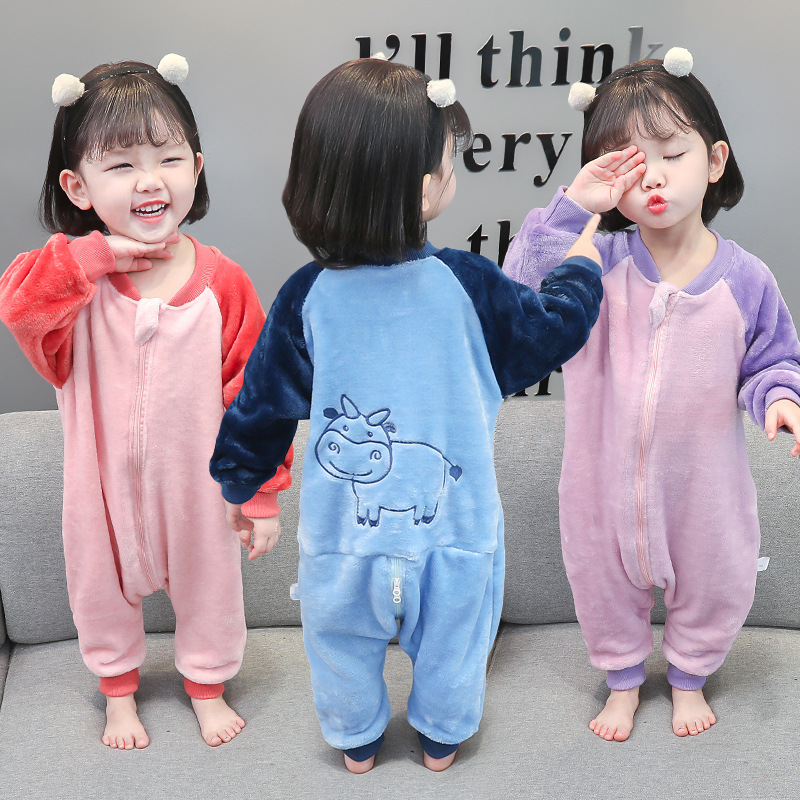 Baby Velvet Jumpsuit Spring Autumn Winter 2 Baby Boys and Girls Flannel Pajamas Thickened 3 Children's Coral Velvet Sleeping Bag