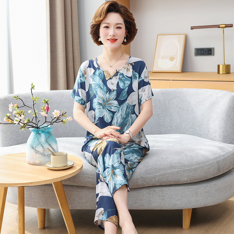 Middle-aged and Elderly Cotton Silk Pajamas Women's Summer Short-sleeved Trousers Suit Summer Cotton Silk Artificial Cotton Mom Women's Home Clothes