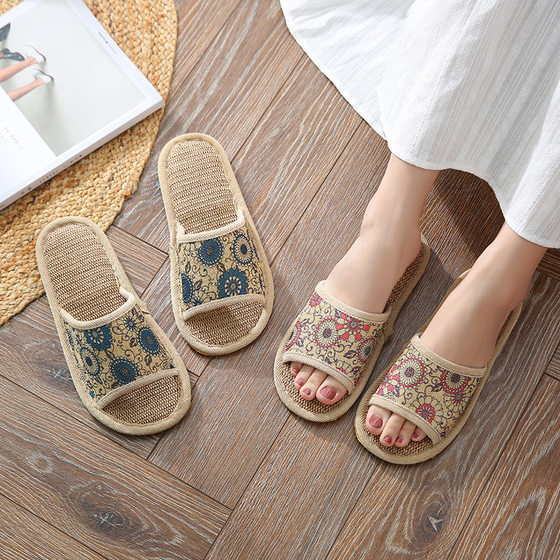 Summer Home Bedroom Thick-soled Floral Linen Slippers for Women and Men Couple Home Non-slip Wear-resistant Household Cloth Slippers