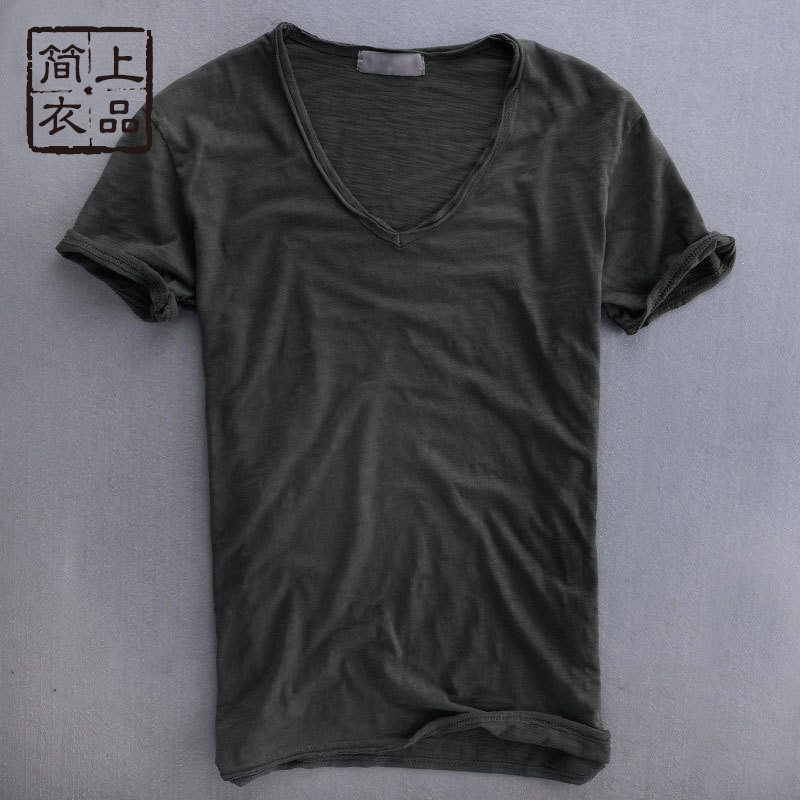 Summer Bamboo CoTTon Men's ShorT-sleeVed T-shirT  Simple Pure Color T-shirT V Neck Slim Raw Edge Old Thin T