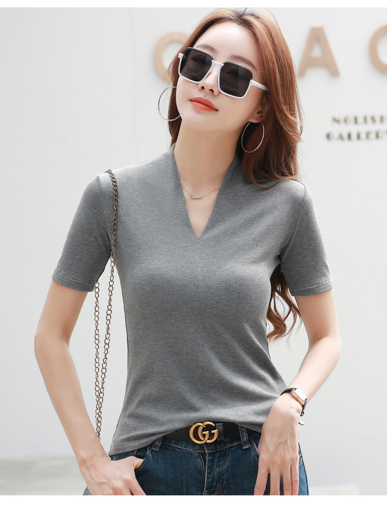 349 Summer New Deep V-neck Short-sleeved T-shirt Women's Slim-fit Slimming Sexy Fashionable Black All-match Base Shirt Trendy
