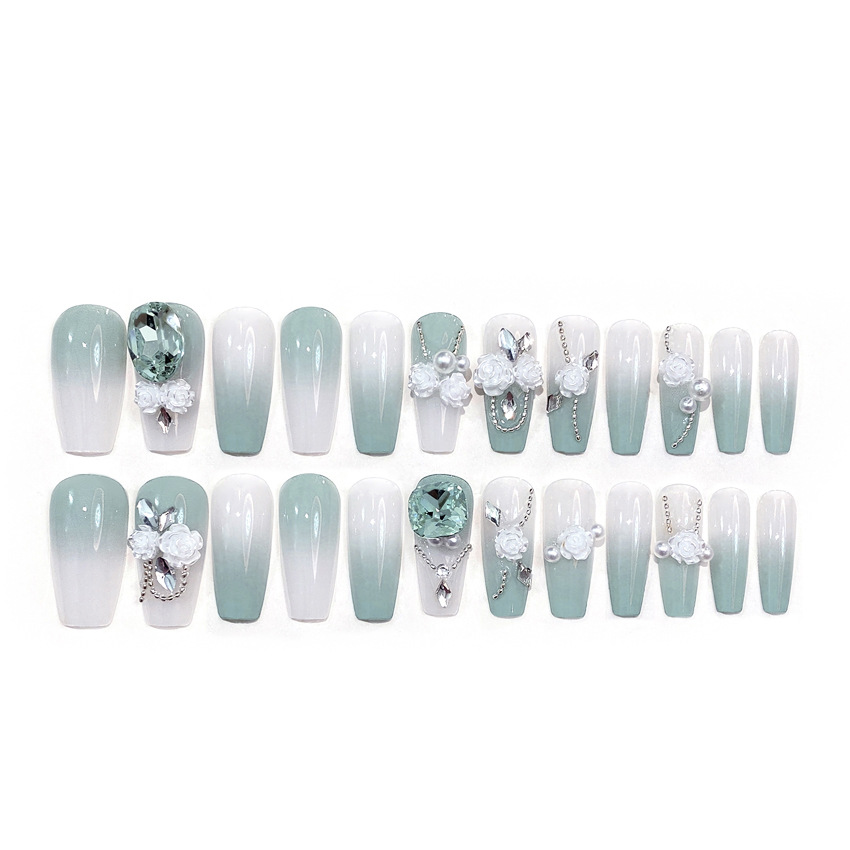 Handmade Nail Wearing Nail Pieces Fake Nail Stickers light gray Green Flowers Refreshing Fake Nail Finished Nail Patch U40