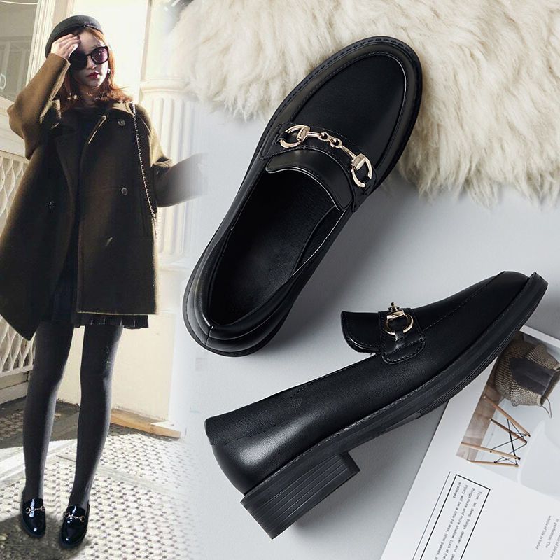 Size 33-44 plus size Women's Shoes 43 Black Round Toe Brock British Style Leather Shoes Women's Korean Style Vintage Loafers