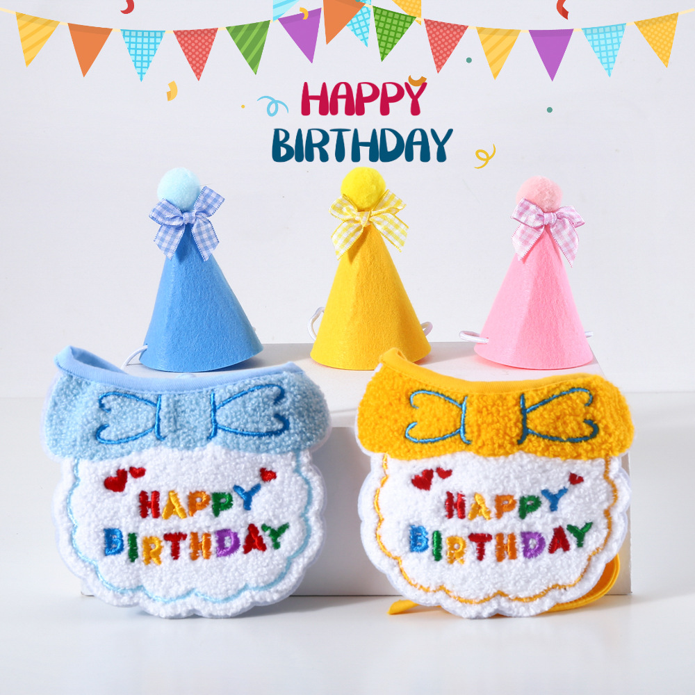 Pet Cat Teddy Dog Embroidered Birthday Party Bow Bib Spit Towel Scarf Hat Set Accessories