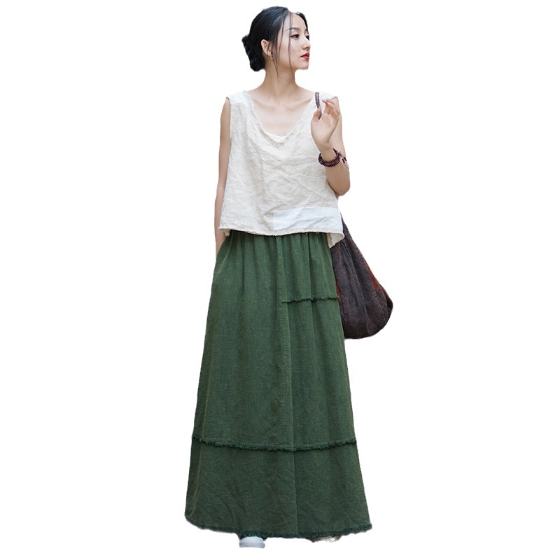 Ramie Sand Stir-fried Sanding Casual All-match Skirt Cotton Linen Women's New 24 Spring and Summer Home Travel Women's Skirt