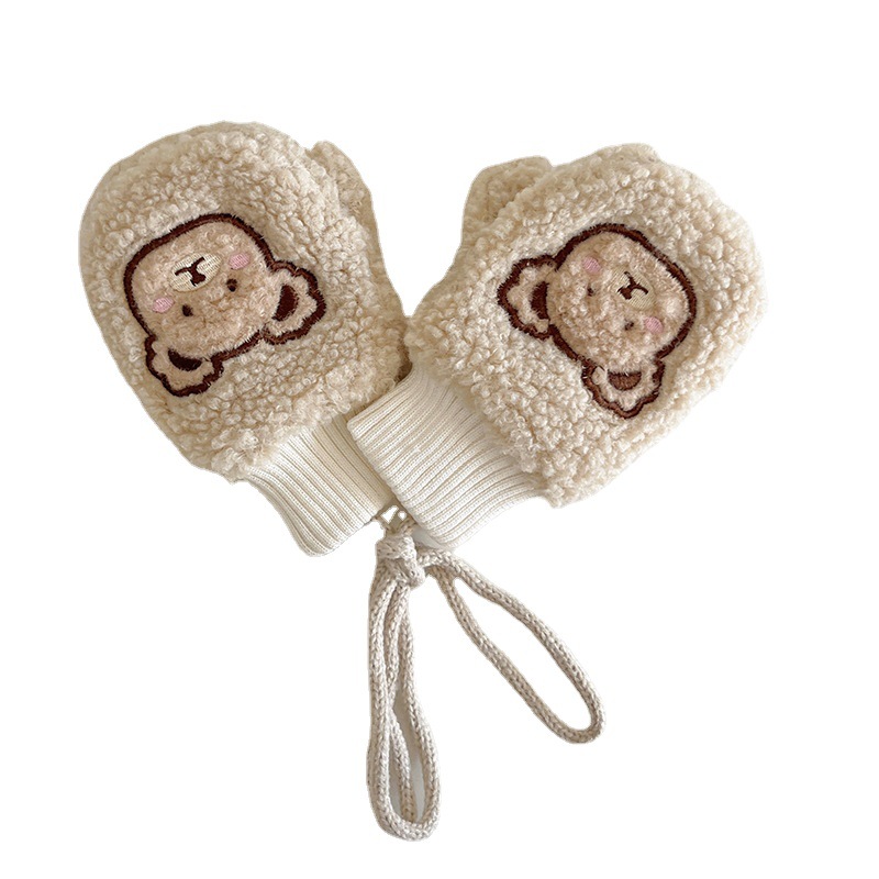 Autumn South Children's Gloves Winter Korean Style Cartoon Bear Lined Velvet Thickened Cute Warm Hanging Neck Baby Gloves