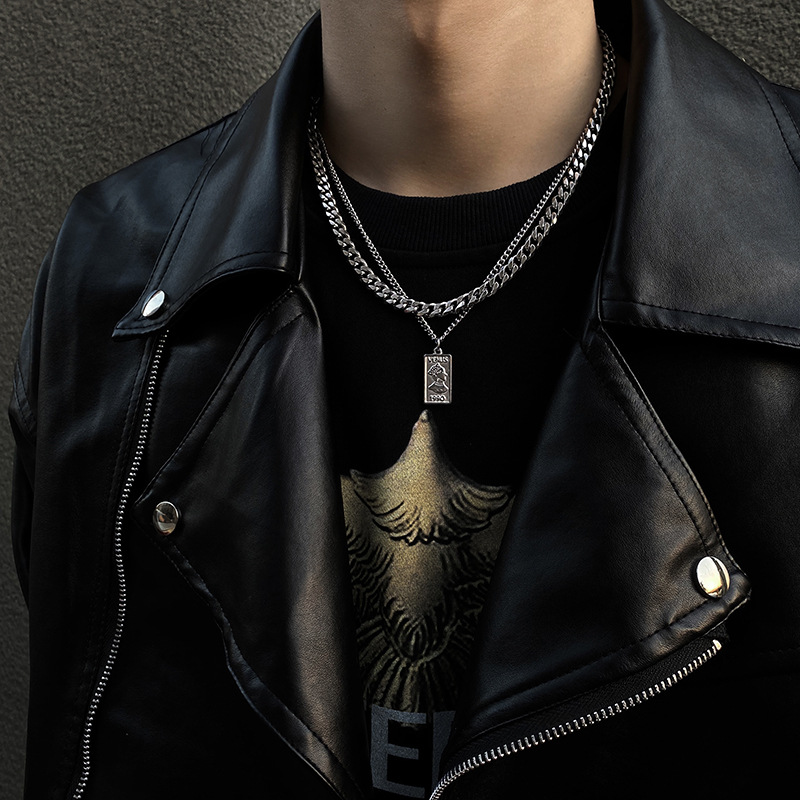 European and American Retro Titanium Steel Pendant Cuban Chain Men's Trendy Niche Design Sense Double Layer Hip Hop Necklace Sweater Chain Accessories