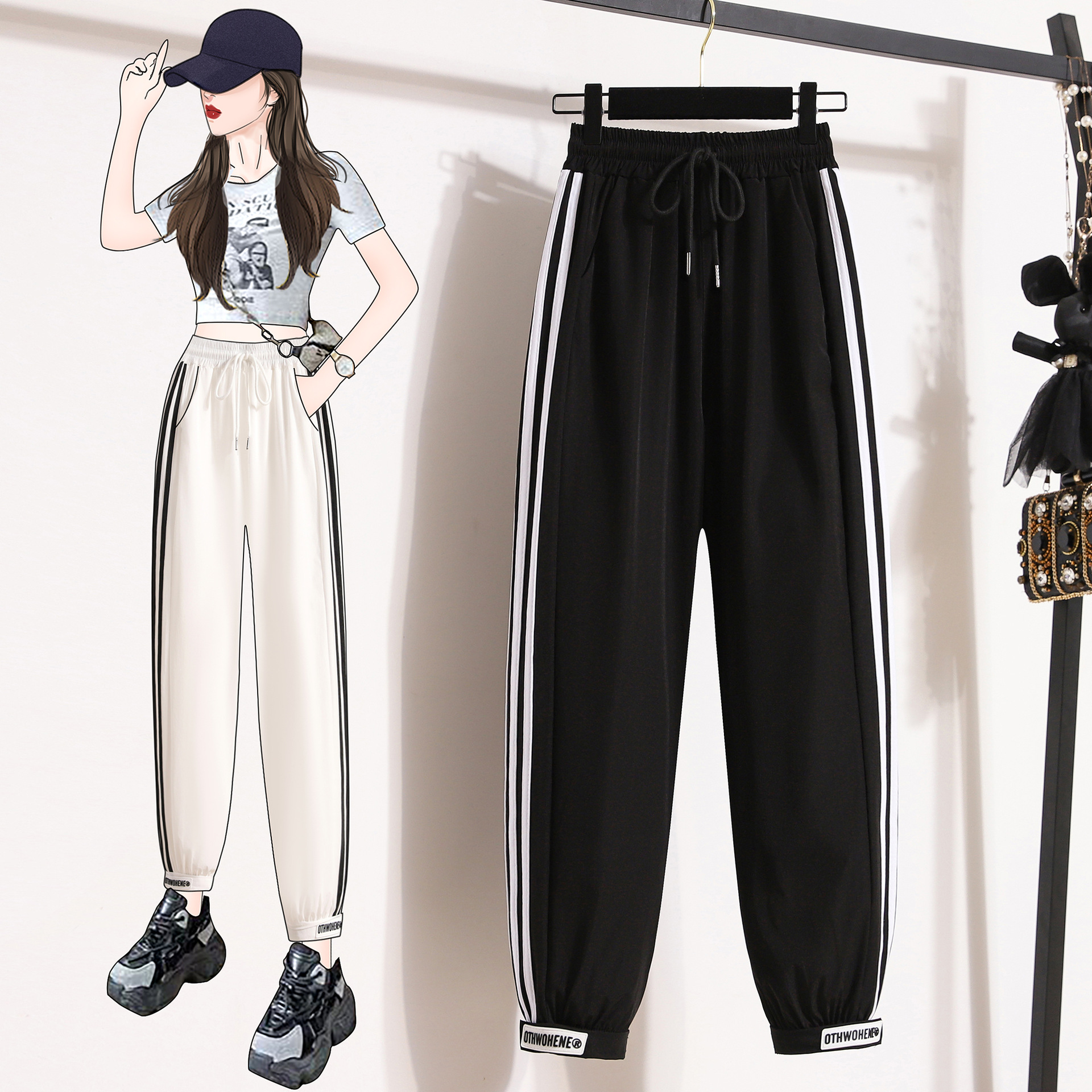 2024 Summer New Arrival Quick-drying Pants Women's Contrast Stripe Stitching Sports Pants High Waist Loose Casual Cool Pants