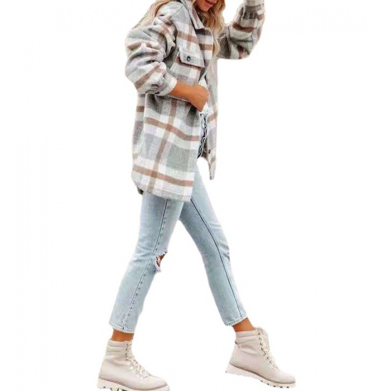 Cross-border 2022 independent station wish Amazon explosions autumn and winter long sleeve loose plaid shirt woolen coat women