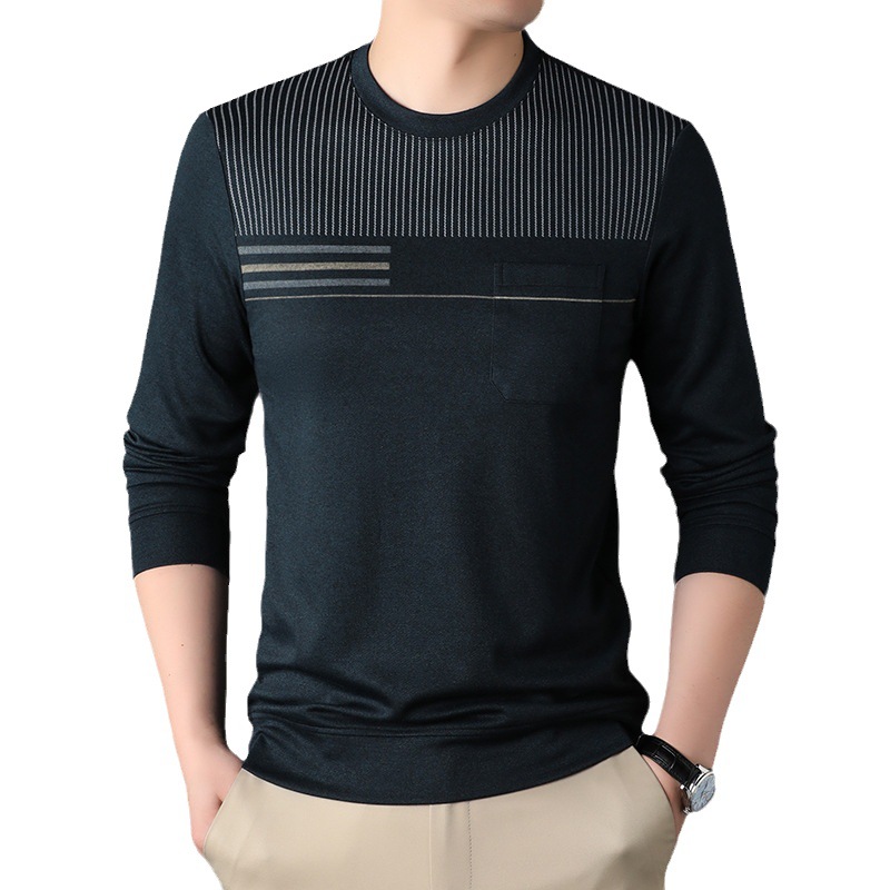 Dad wear real pocket spring and autumn long sleeve middle-aged and elderly men's casual round neck bottoming shirt striped T-shirt top