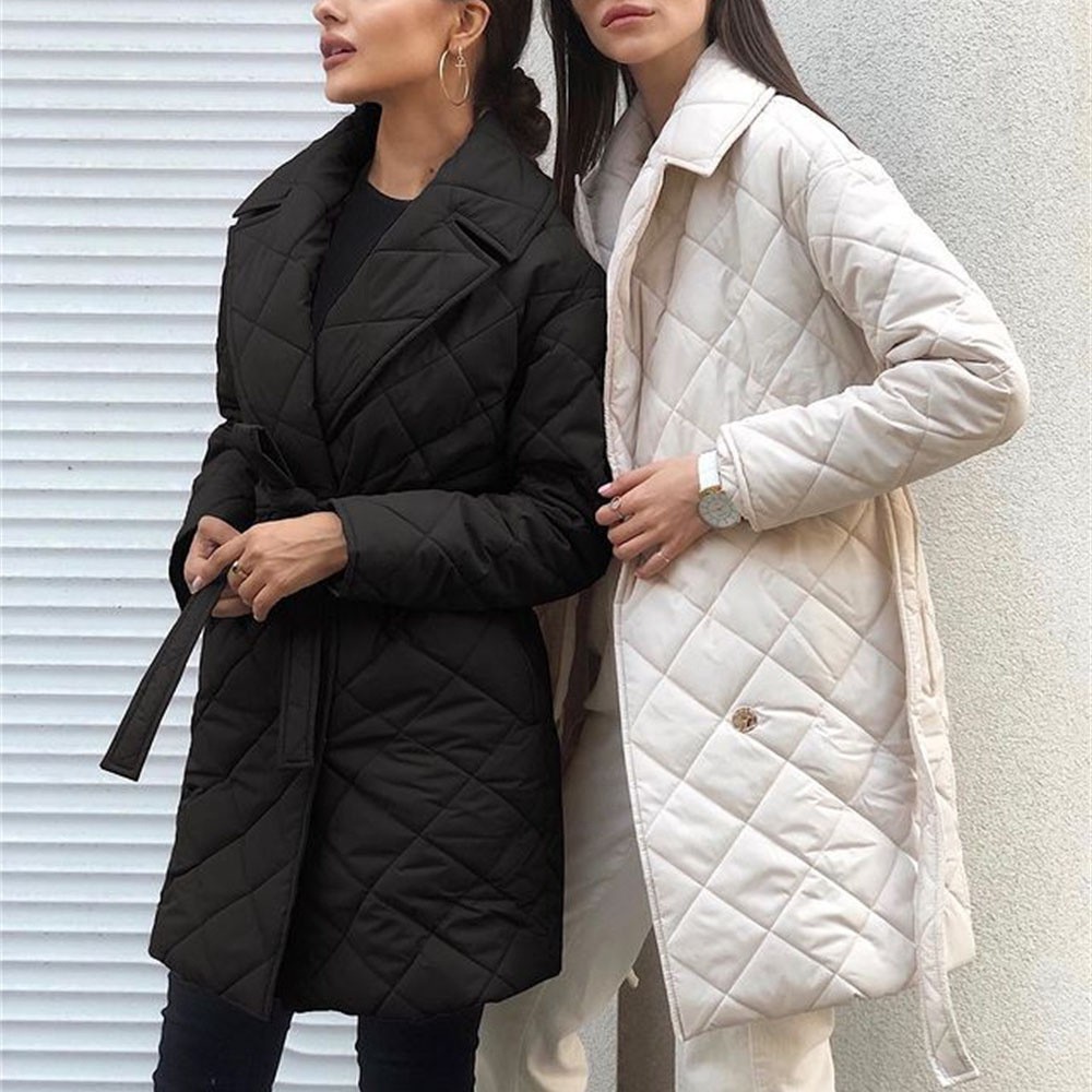 Lapel mid-length cotton-padded jacket 2022 autumn and winter women's clothing new coat fashionable versatile design waist pocket cotton-padded coat women