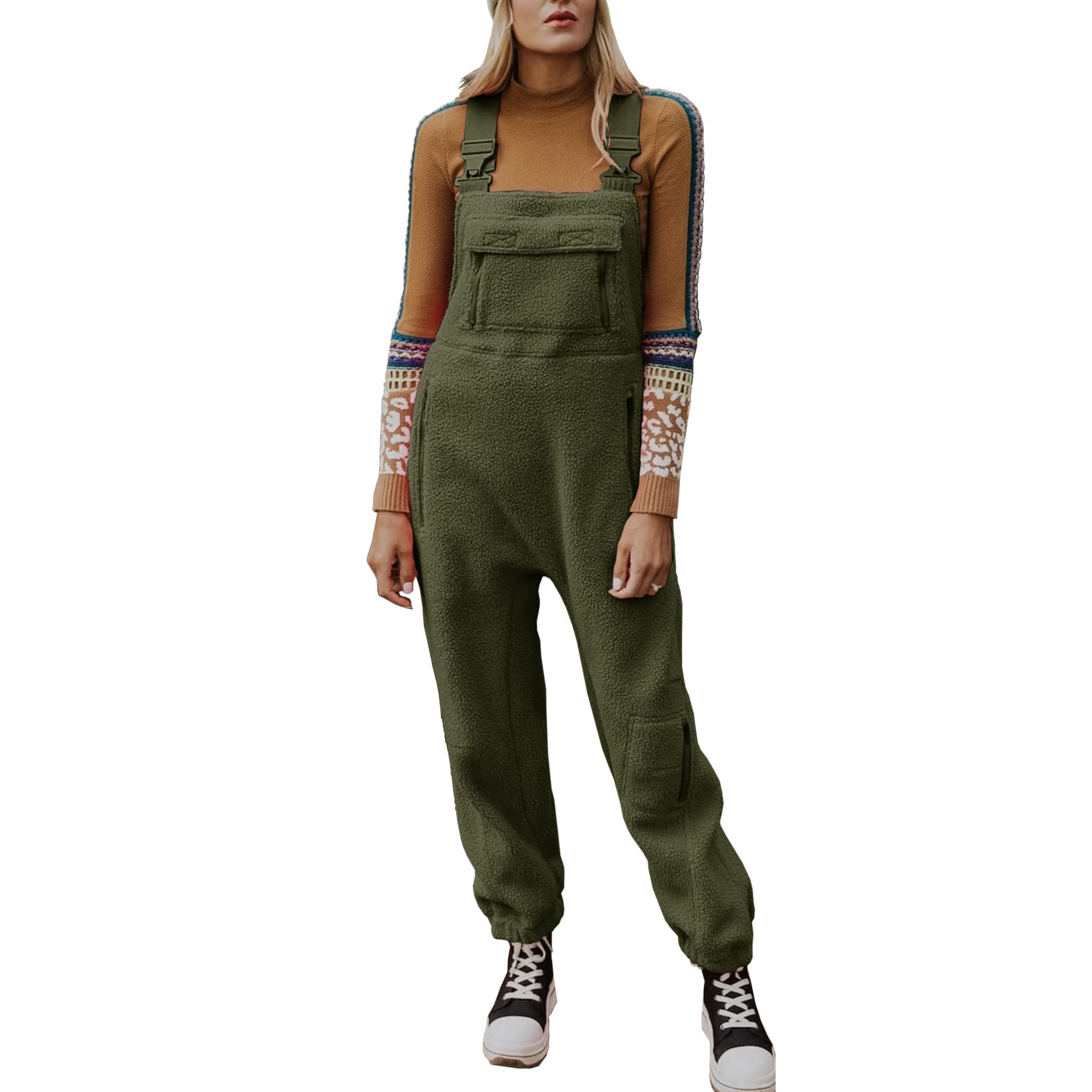 2023 Amazon independent station cross-border Women's pocket solid color lamb wool adjustable shoulder strap jumpsuit suspender pants