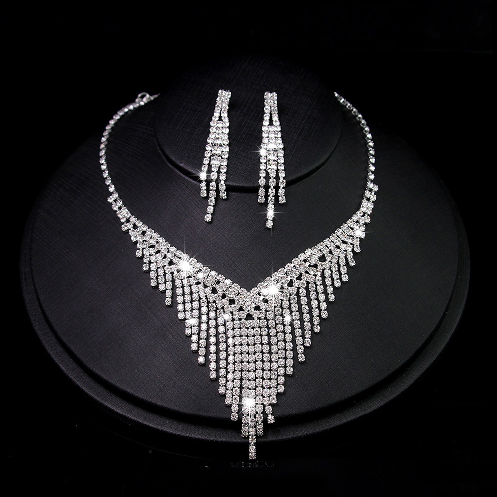 South Korea Metal Claw Chain Rhinestone Wedding Necklace Bride Necklace Ear Drop Jewelry Banquet Necklace Jewelry suit Wholesale