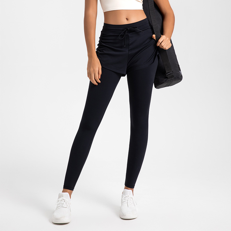 Yoga pants women's high waist hip lifting high elastic tight fake two-piece fitness trousers outer wear running training sports pants autumn