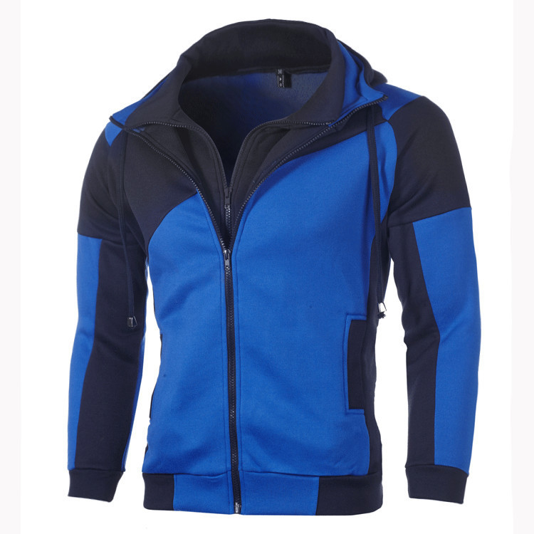 2020 New Amazon Men's Personalized Color Matching Double Layer Zipper Hooded Cardigan Slim-Fit Sweatshirt