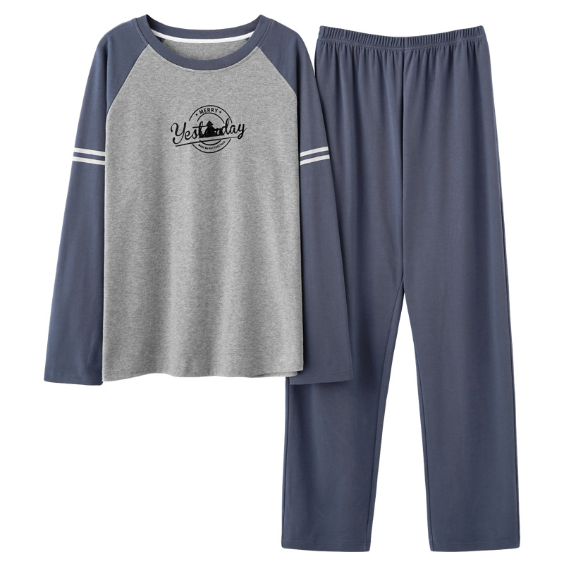 Pajamas Men's Spring and Autumn Long Sleeve Trousers Simple Home Wear Thin Cotton Men's Large Size Autumn and Winter Casual Suit