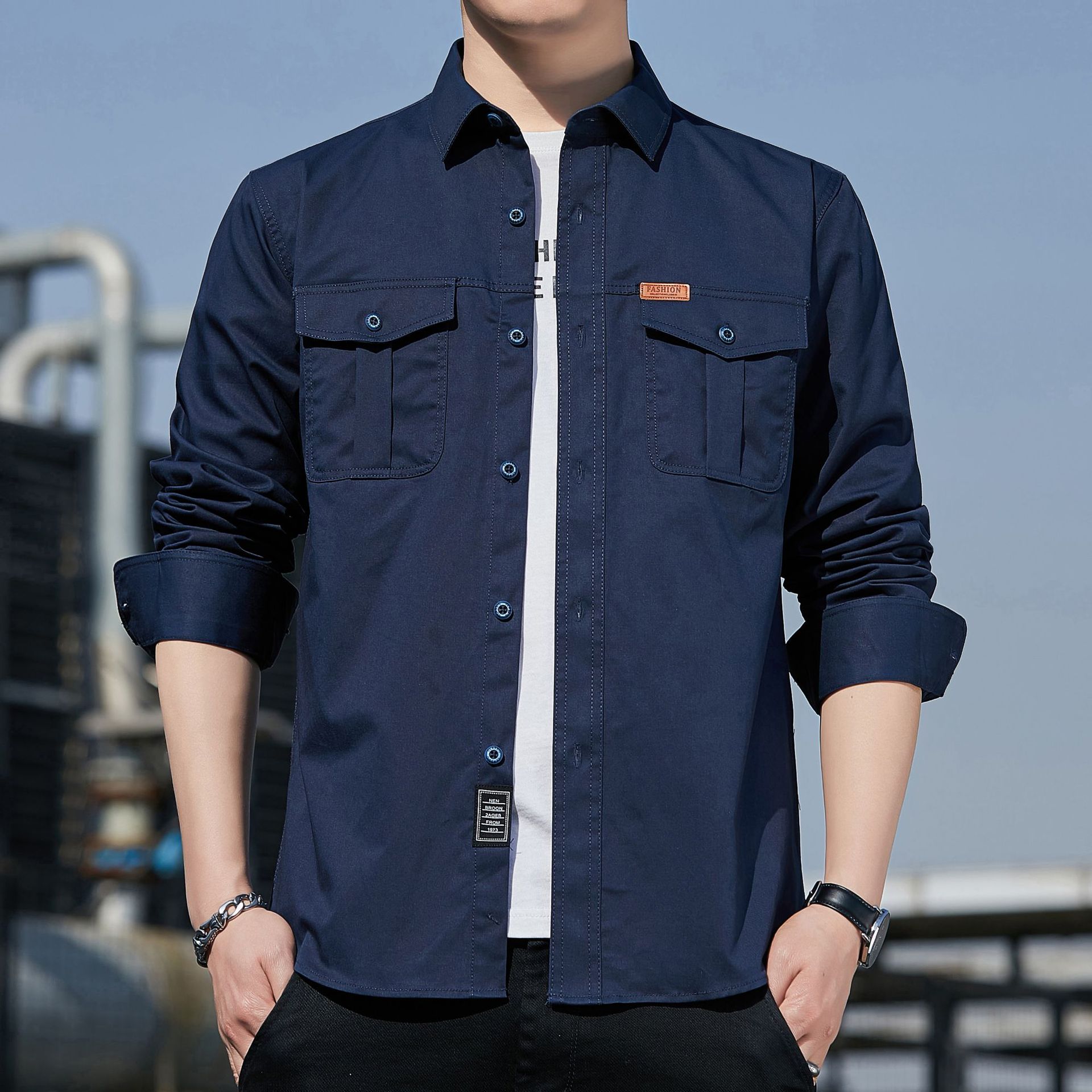 2023 Cotton Washed Men's Casual Double Bag Shirt Long Sleeve Spring and Autumn Youth Casual Square Collar Shirt Work Wear