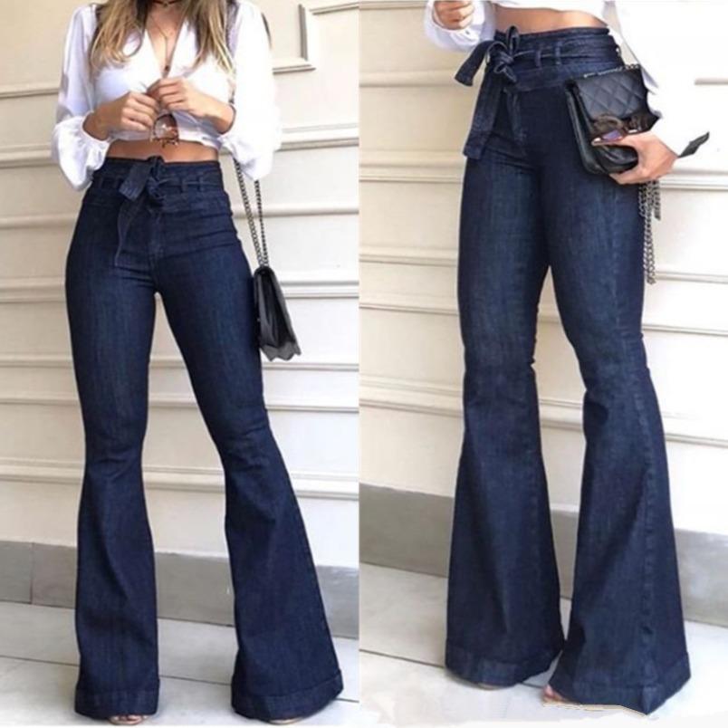 2022 Europe and the United States foreign trade cross-border high waist micro elastic lace-up flared pants wide leg pants women's jeans