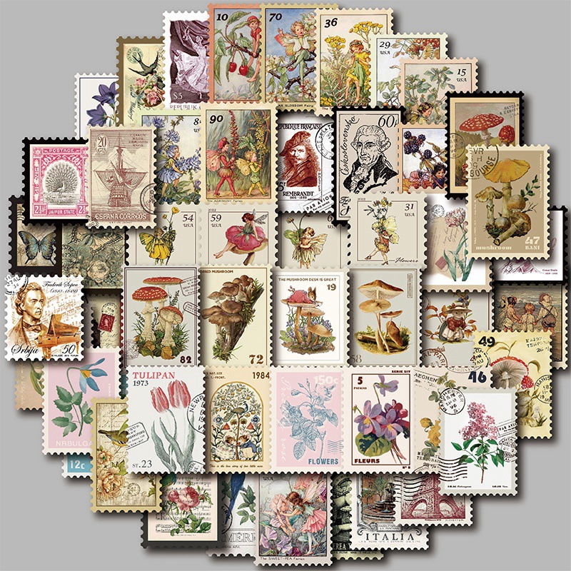 50 Stamps Effect Drawing Hand Account Stickers Retro Landscape Hand-painted Oil Painting Style Hand Account Stickers Girls Cane Stickers