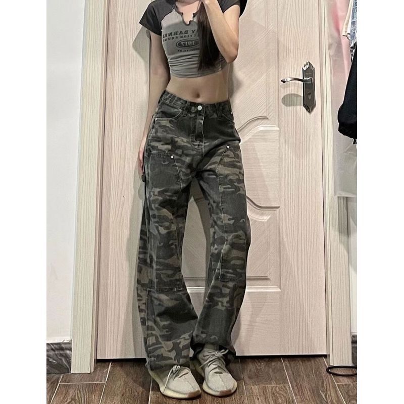 Camouflage overalls women's summer American retro hiphop hot girl casual Denim pants high street fashion brand ins
