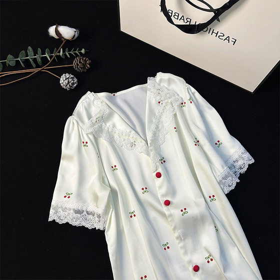 Pajamas women's summer thin ice silk three-piece suit net red cherry can be worn outside high-end ladies home clothes wholesale