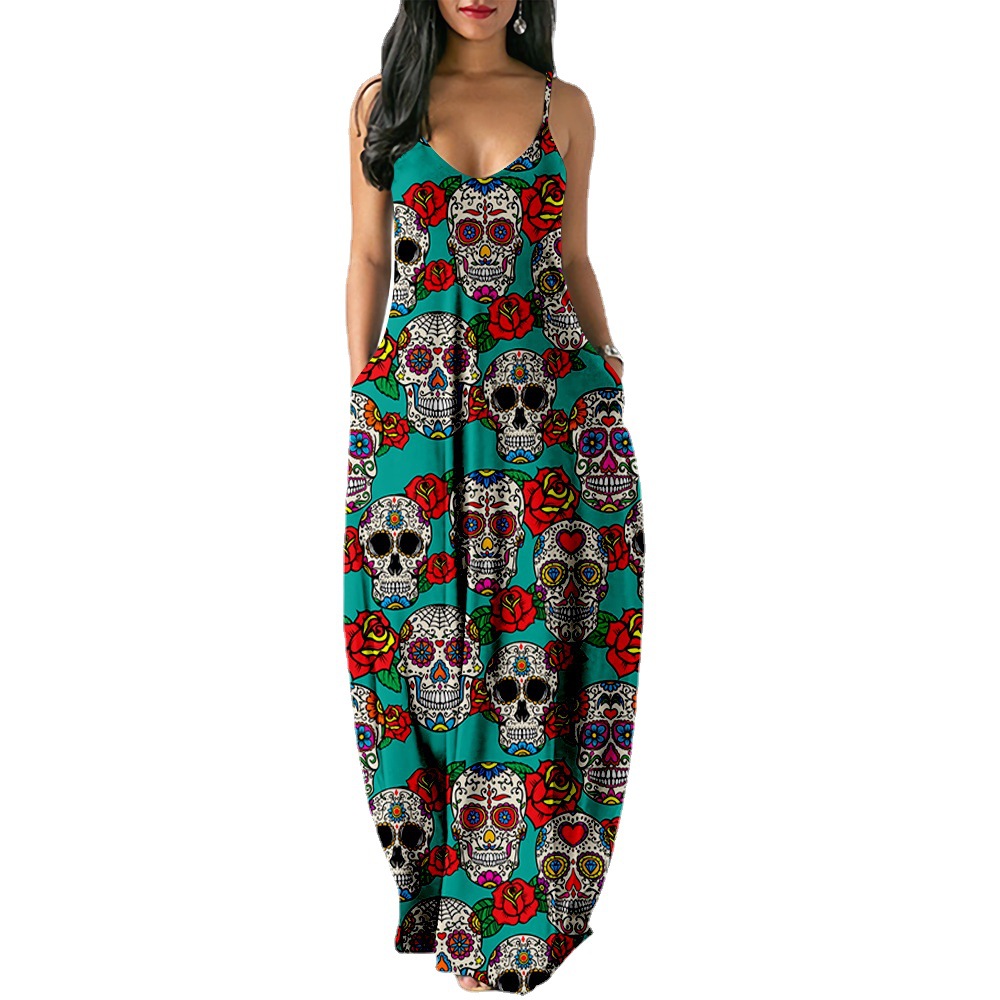 2022 Women's Long Beach Dress Skull Print Casual Loose Sexy Strap Vacation Summer Pocket Dress
