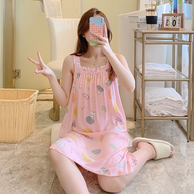 New style nightdress summer strap pajamas pure cotton Women's Home wear printed sweet princess cute plus size cotton silk