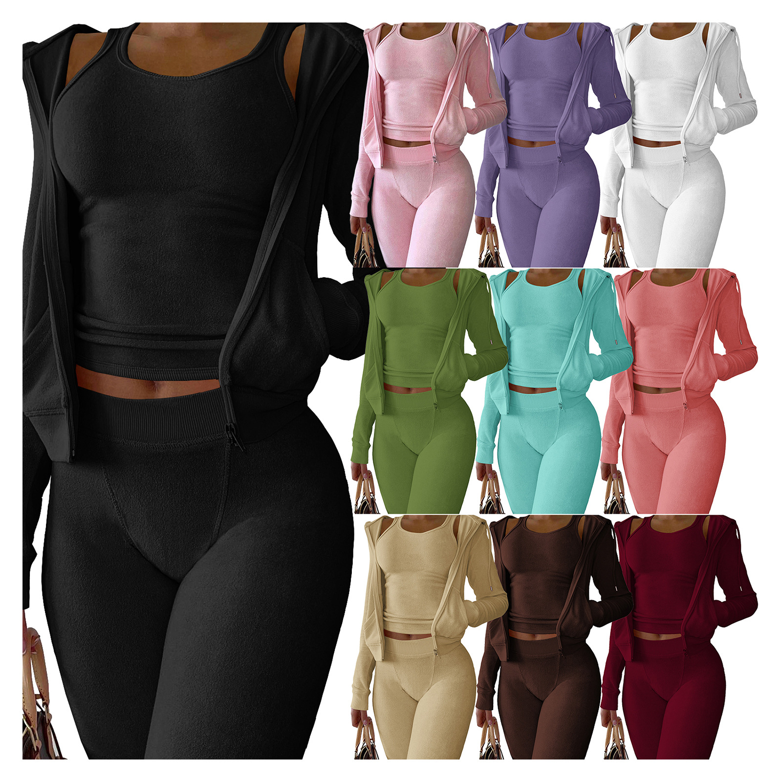 HR8235 European and American Women's International Station Hot Selling Autumn and Winter New Double-sided Fleece Vest Hooded Three-piece Set