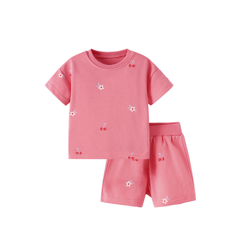 malwee girls suit summer new round neck short sleeve elastic waist pants cute little girl casual two-piece set