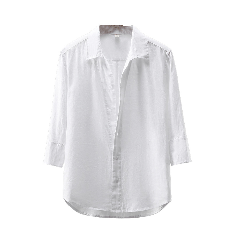 926 Pure Linen White Men's Shirt Three-quarter Sleeve Linen Material Loose Thin Breathable Solid Color Shirt Men's Middle Sleeve