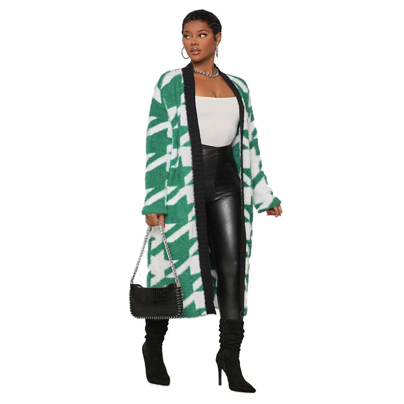 2024 cross-border Europe and the United States explosions houndstooth knitted Antarctic velvet coat coat loose cardigan coat factory outlet_voghion.com