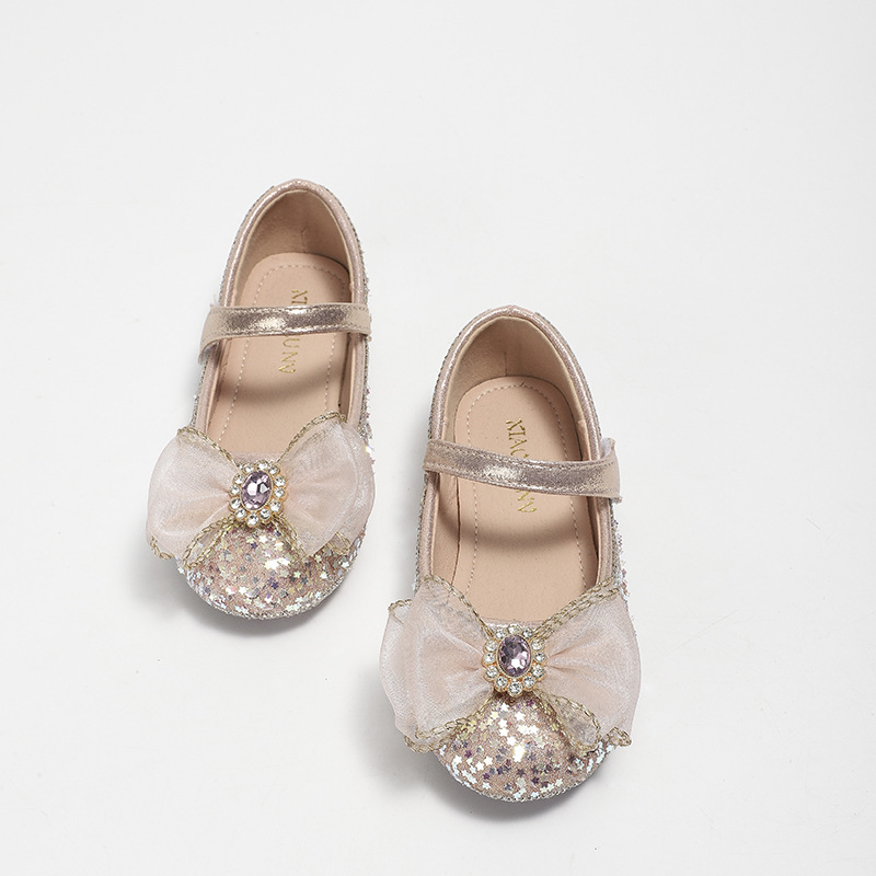 Aisha Crystal Princess Shoes 2023 Spring and Autumn New Bow Children's Baby Leather Shoes Comfortable Soft Bottom Rhinestone Shoes