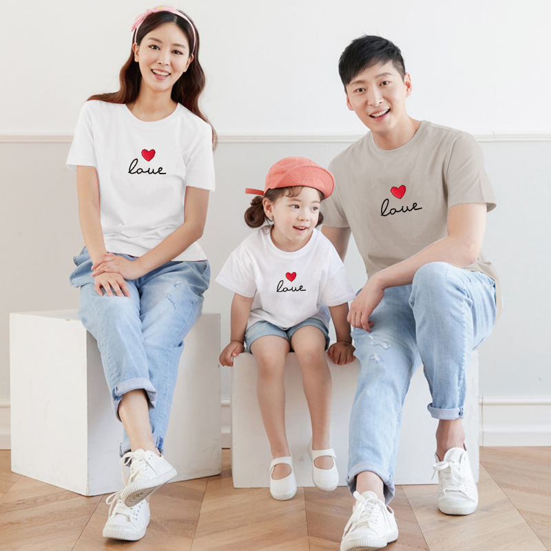 New Korean-style Parent-child Suit Family of Three Four Babies Mother-child Cotton Short-sleeved Cotton T-shirt Love Printed Family Suit