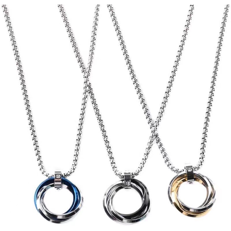 European and American stainless steel three-ring necklace hot-selling simple non-fading hip-hop titanium steel necklace diamond pendant for boys