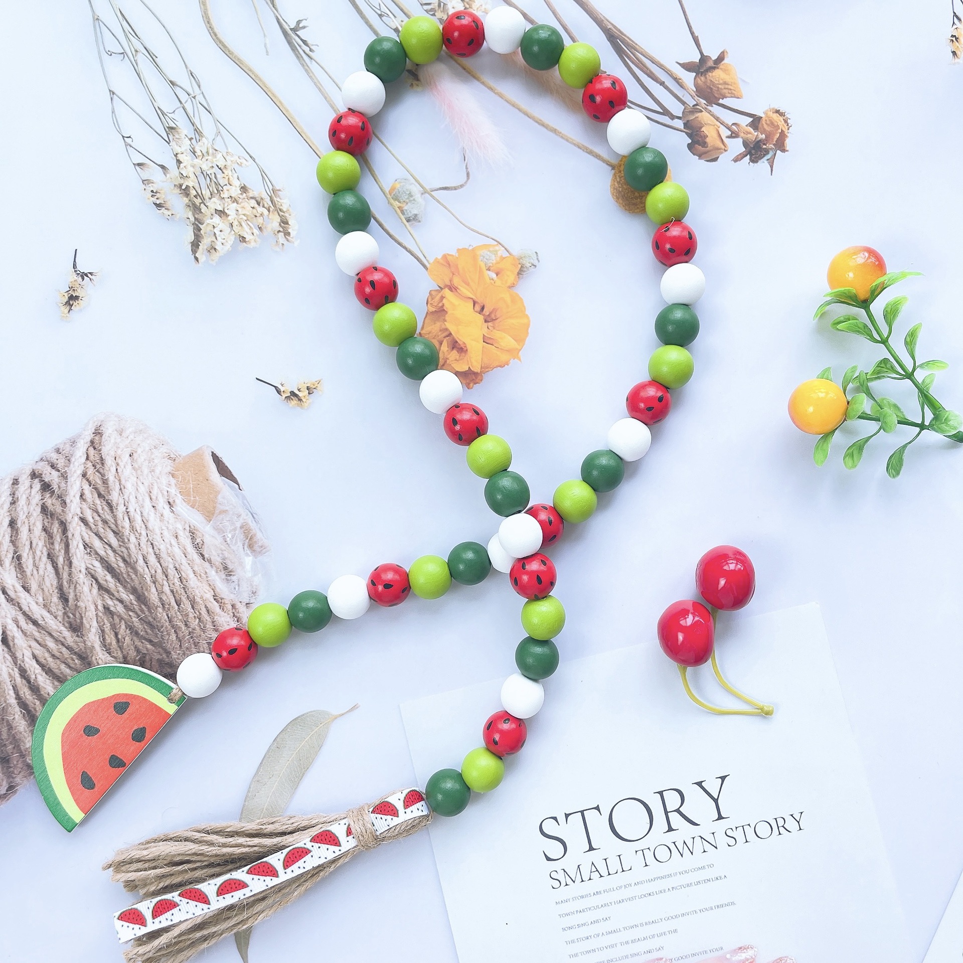 ins decoration Nordic style watermelon fruit wooden beads creative hemp rope tassel beads children's home decoration hanging ornaments