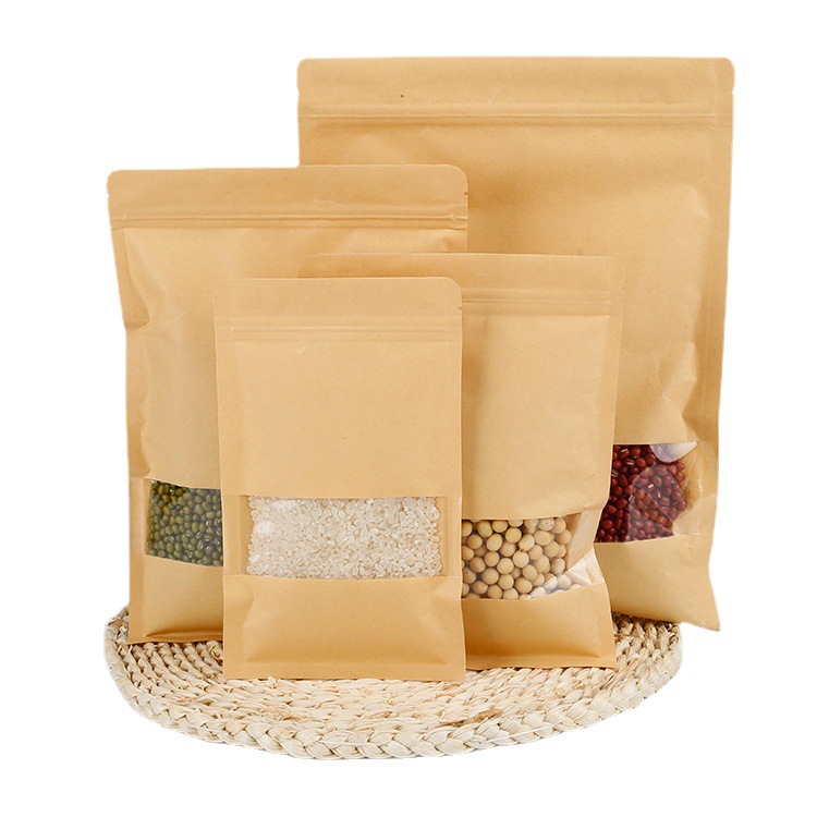 Wholesale food Kraft paper bag window flat bottom sealed bag self-adhesive bag nut agricultural products packaging bag flat bag