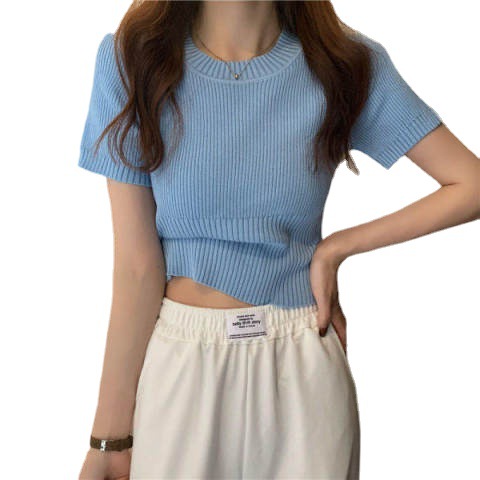 Ice Silk short-sleeved T-shirt for women spring/summer 2023 new casual inner knitted bottoming shirt fashionable western style small shirt top