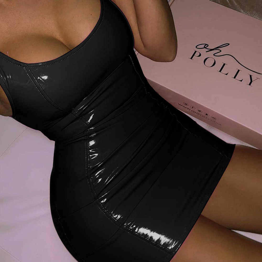 Cross-border Amazon 2023 Women's New Dress Summer Sexy Sleeveless Imitation Leather Zipper PU Hip Dress