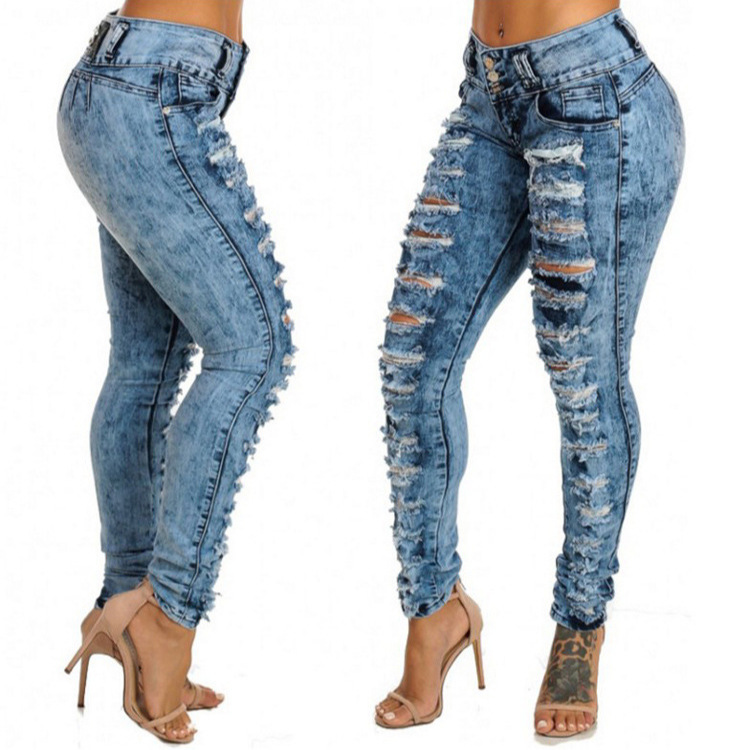 European and American Cross-border Foreign Trade Jeans Ripped High Waist Amazon WISH Buckle Elastic Leg Jeans Women