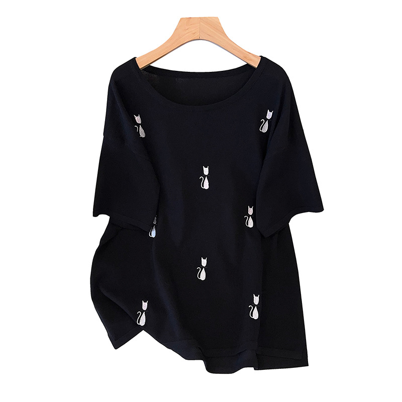 Large size women's summer ice silk knitted jacket fat sister slim 200/300kg short sleeve T-shirt 8188