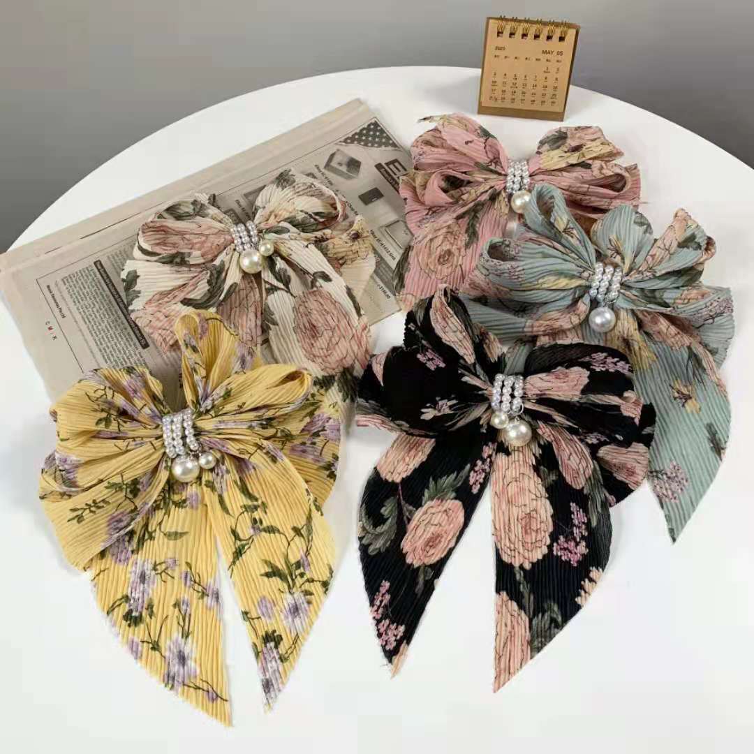 Korean Instagram New Floral Crepe Bow Pearl Pendant Spring Clip Hair Clip Elegant Teenage Top Hair Accessory